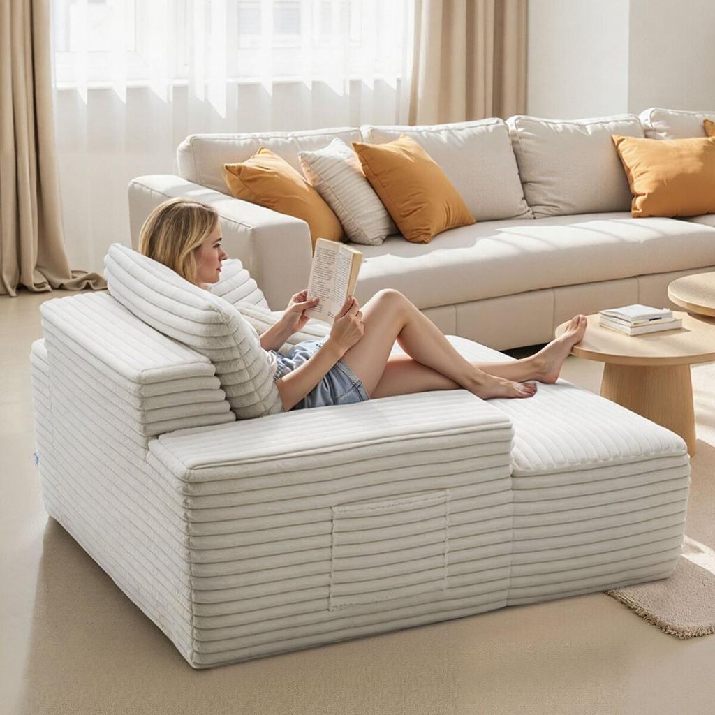 Chaise Lounge Chair, 1380 mm Boneless Chaise Lounge Indoor, Modern Upholstered Oversized Reading Chair with Throw Pillows & Armrests, Sofa Couch Deep