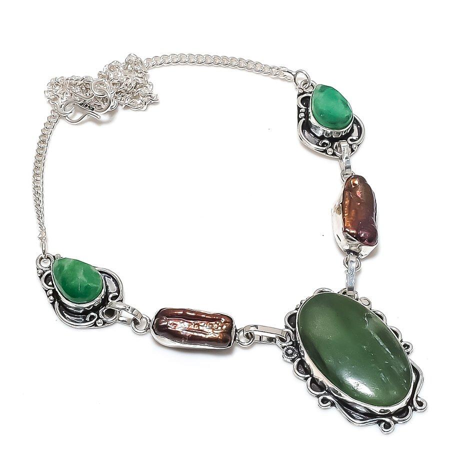 Natural Nephrite, Pearl Gemstone 925 Sterling Silver Jewelry Necklace 18" j0N33