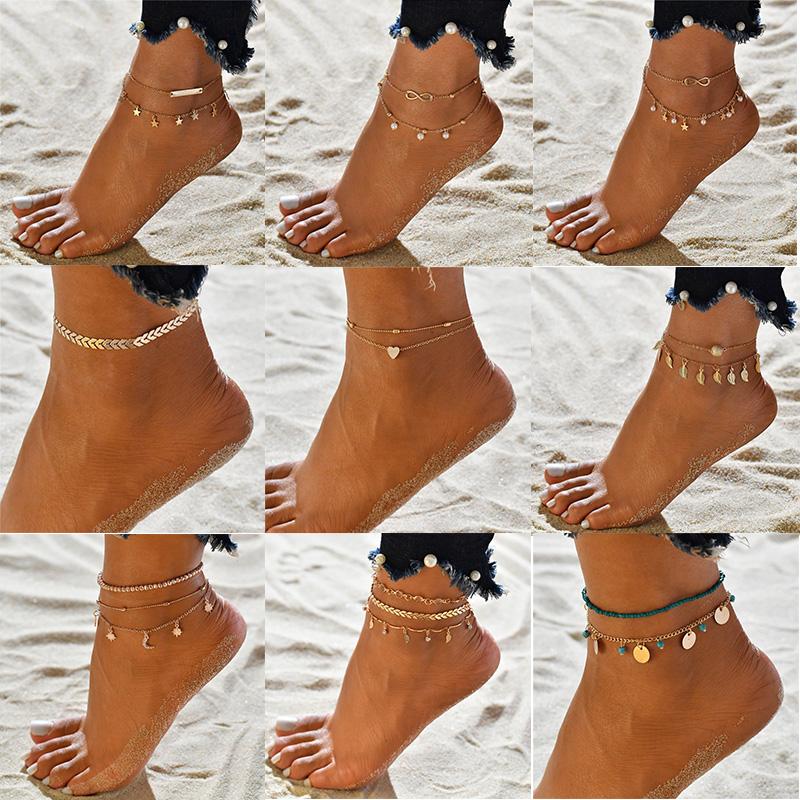 Double Layer Anklets For Women Pearl Streaming Pendant Foot Chains 8 Shape Beach Bracelet Anklets Solar System Bracelet
