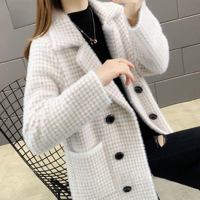 Women's Mid-Length Mink Coat Cardigan - Korean Style Loose Suit Collar Knitted Overcoat for Autumn and Spring
