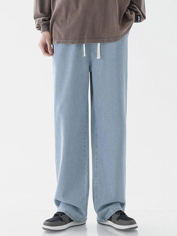 LKTM Men's Retro Trend Summer Straight-Leg Drawstring Jeans - Casual Wide-Leg Pants