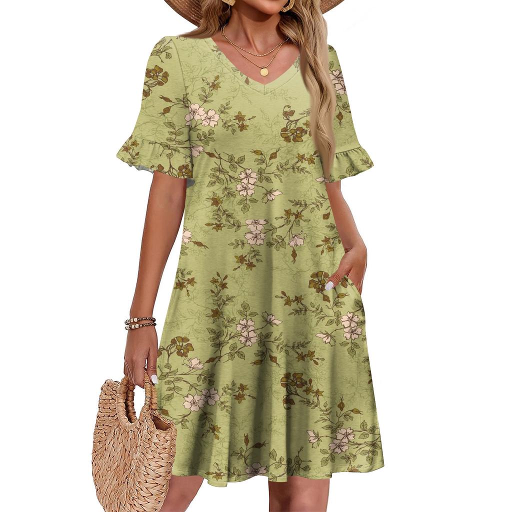 Women A Line Sun Dress Short Sleeve V Neck Printed Dress With Pockets