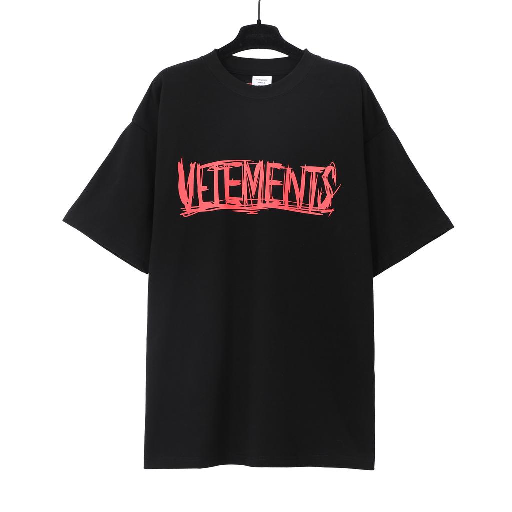 T-shirt in cotone puro a doppia filatura, lavata e invecchiata, con stampa di lettere Vetements, versione alta transfrontaliera, per uomo e donna