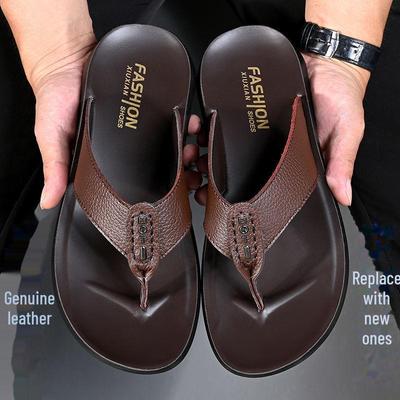Men's Genuine Leather Breathable Summer Flip Flops - Casual Non-Slip Beach Sandals/Slippers