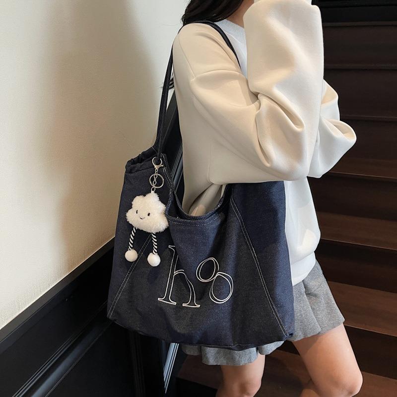 New Large Capacity Letter Shoulder Bag Retro Denim Tote Bag Women's Commuter Armpits