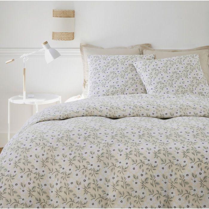 Housse De Couette + Taies - Lucile - 240x260 Cm - Gaze De Coton - Fleurs Blanches Sur Jaune Clair