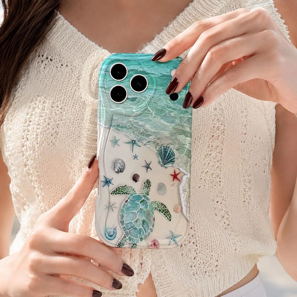 Sea Turtle Shell Beach Ocean Phone Case for iPhone 16 15 14 Pro Max 13 12 11 Mini XR XS SE Wavy Edge Soft Cover
