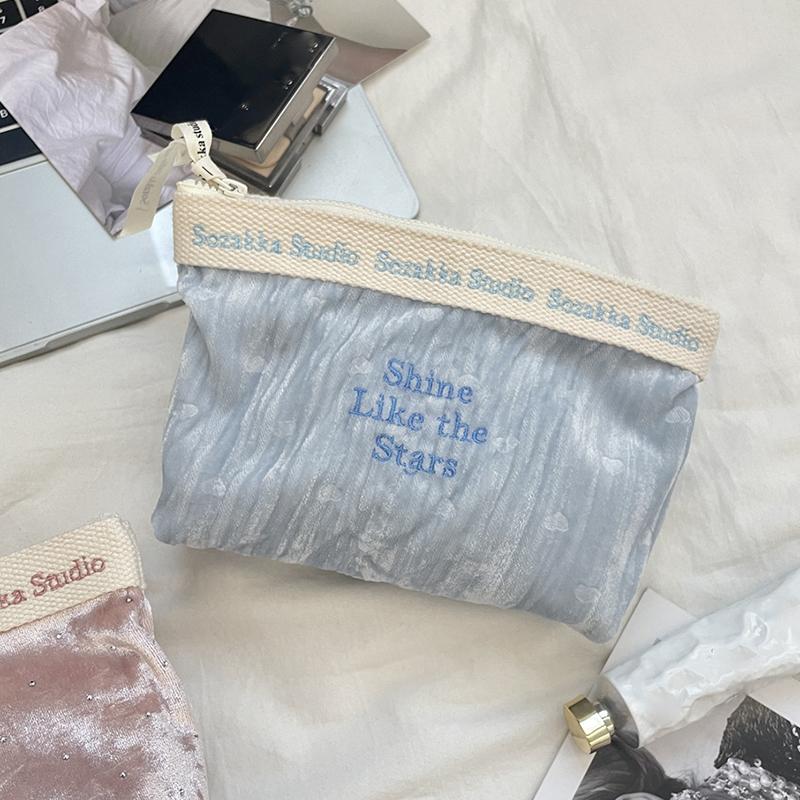 Slim Velvet Makeup Bag with Elegant Embroidery High Capacity Cosmetic Organizer Pouch Travel Wash Storage Toiletry Bag for Women