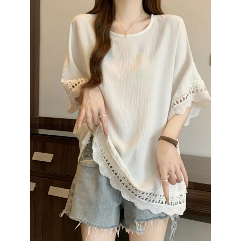 

Женская черная футболка большого размера, свободный крой, короткий рукав, ажурная вставка, пэчворк, повседневный летний топ L