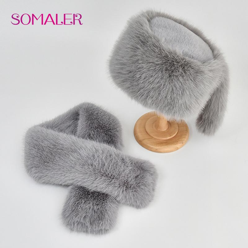 SOMALER Winter Faux Fur Hat Scarf Set Warm Women Flat Top Bucket Caps with Two Tails Caps Scarves