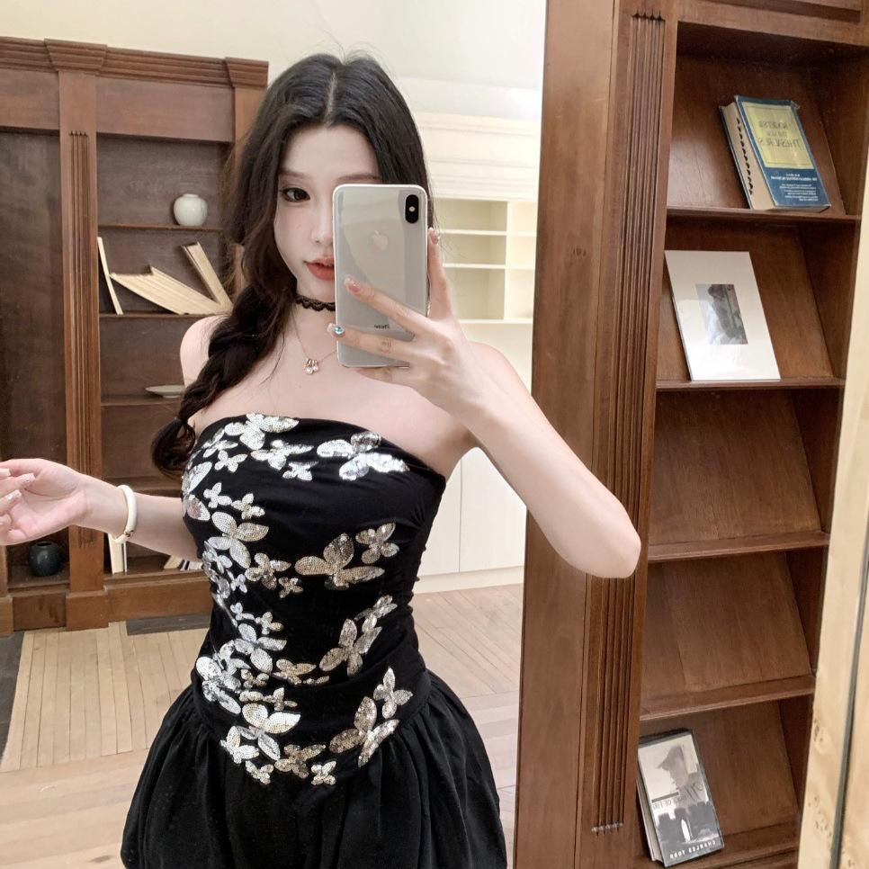 #Summer new pure desire wind bead sheet embroidered tube top slim and thin women's fixed top with chest pad