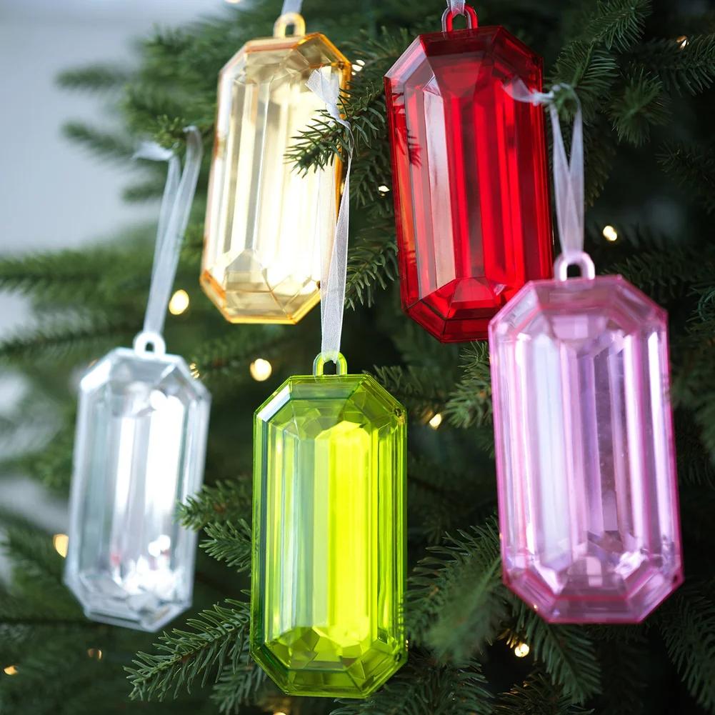 1pc Plastic Christmas Tree Ornaments Square Gemstone Pendant Colorful Snowflake Xmas Hanging Tree Pendants Home Party Decor