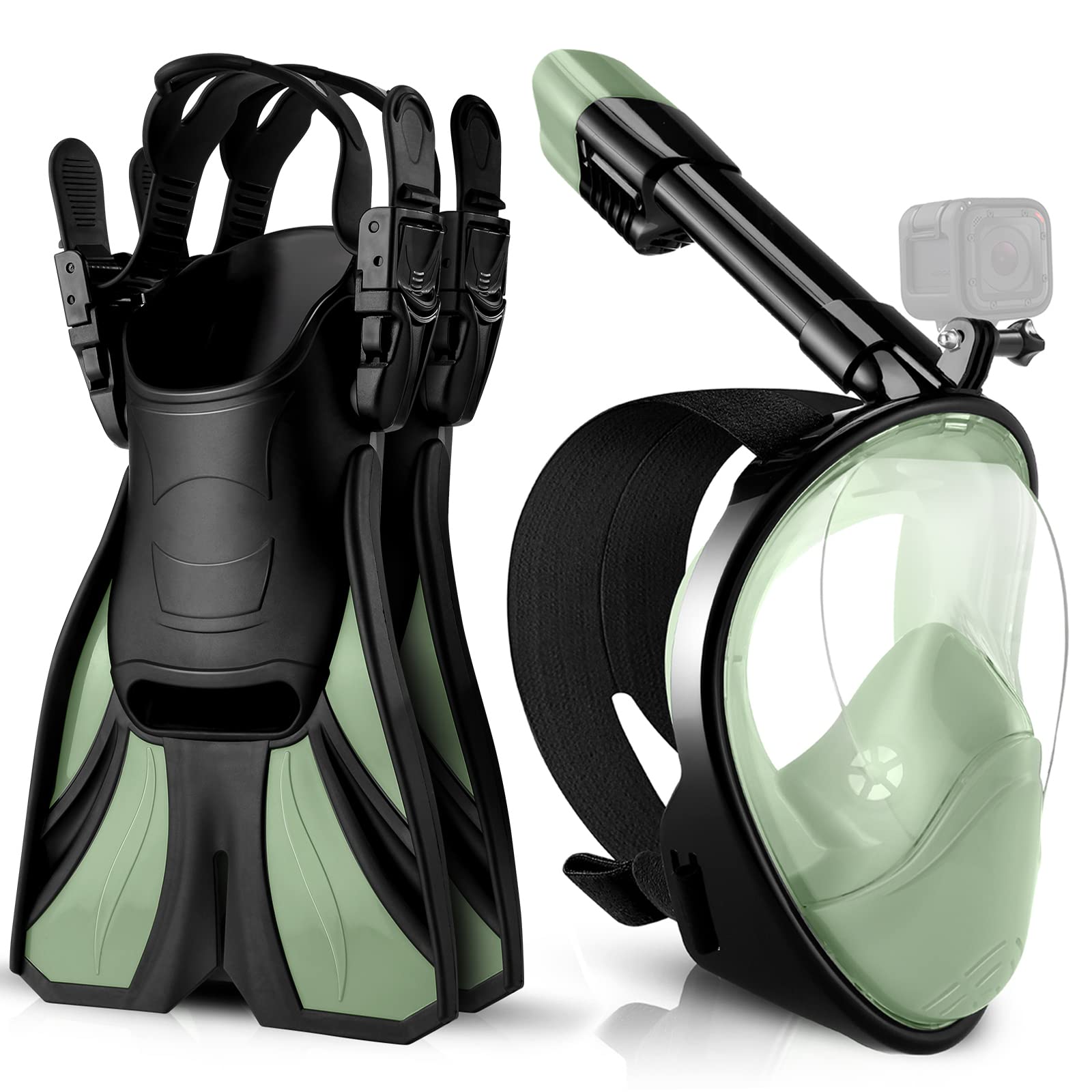 

Odoland Маска для снорклинга полнолицевая, маска для дайвинга, регулируемые ласты, хранение, 180-градусный сверхширокий обзор, GoPro, скуба, легко надевать и снимать, сноркелинг, подводный, ударопрочный зелёный