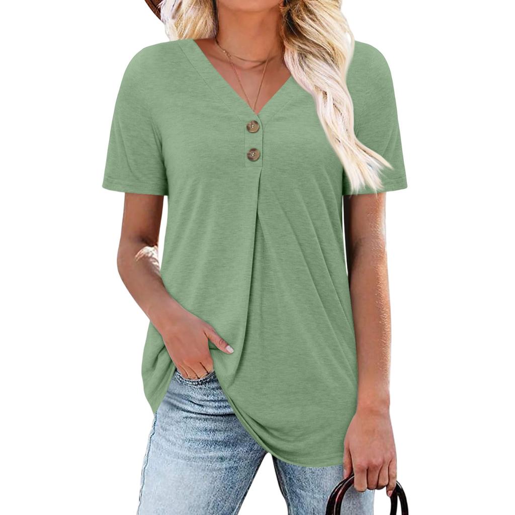Women's Fashion Casual Short Sleeve Buttoned V-Neck T-Shirt Top
