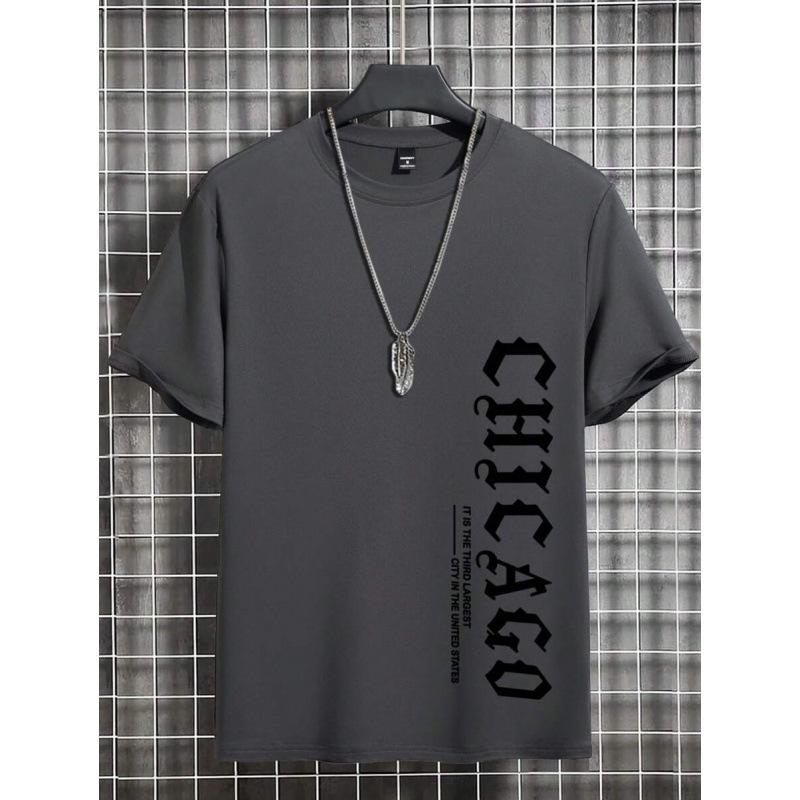 Men's Summer Casual T-Shirt Vertical Chicago Text Print Short Sleeve Streetwear