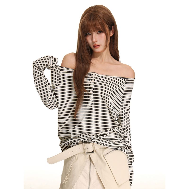 [Designer Style] American-Style Striped Off-Shoulder Sexy Top for Women, Autumn Casual Loose Long-Sleeve Top for a Lazy and Trendy Look