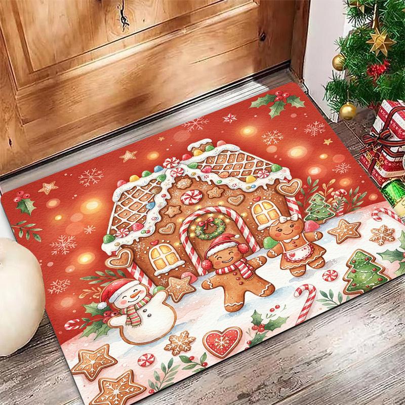 Retro Christmas Decor Rug Merry Christmas Snowman Tree Gift Design Floor Mat for Entry Hall Xmas Season Arrangement