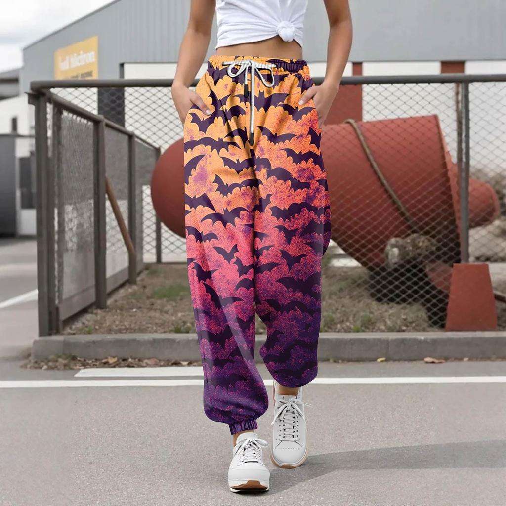 Damen Casual Fashion Halloween Printed Freizeithose Jogginghose Hose Kordelzug Elastische Taille Kordelzug Kordelzughose