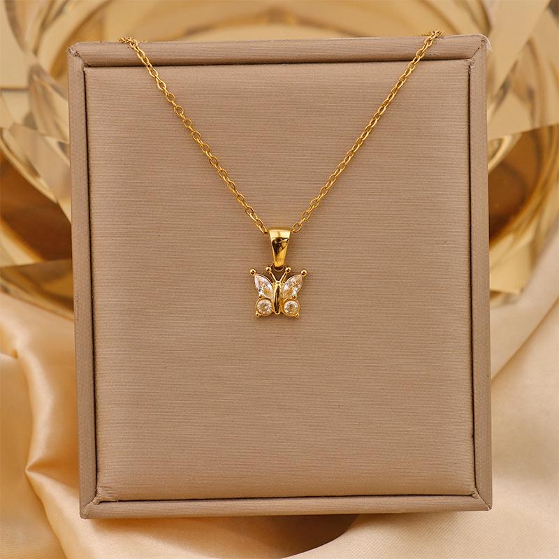 Retro Commuter Christmas Necklace: 18K Plated Titanium Steel with Zircon Inlaid Colorful Butterfly Pendant for Women