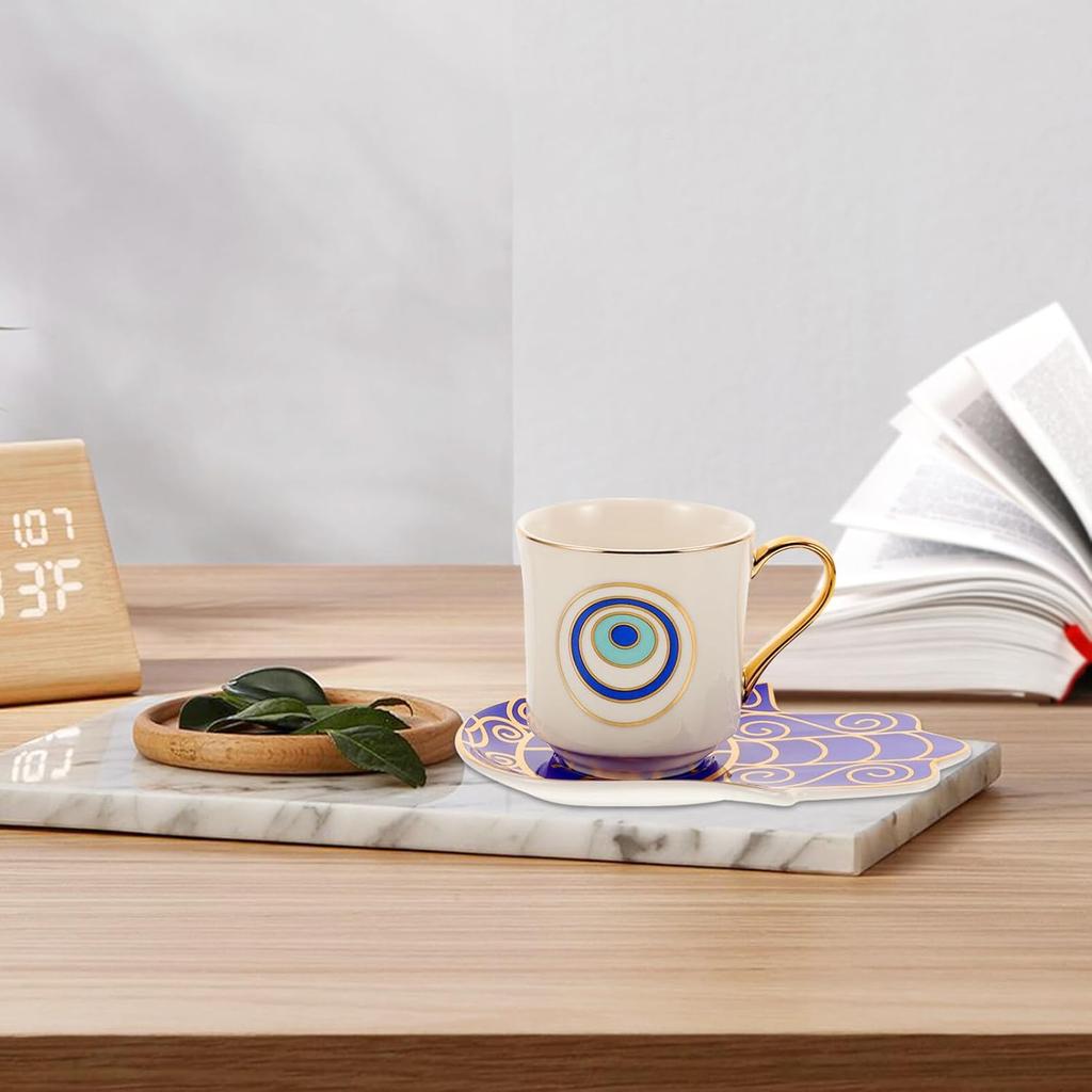 Kichvoe Evil Eye Coffee Mug Set Tea Cups and Saucers Turkish Blue Eye Espresso Cup Water Milk Drinking Cup with Ceramic Hamsa Hand Saucer Candy Plate