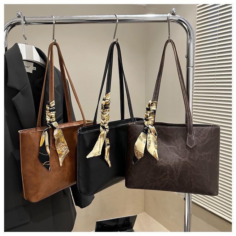 Retro Thread Design Women Pu Leather Shoulder Bags Large Capacity Ladies Work Tote Bag Elegant Scarf Female Handbags with Zipper