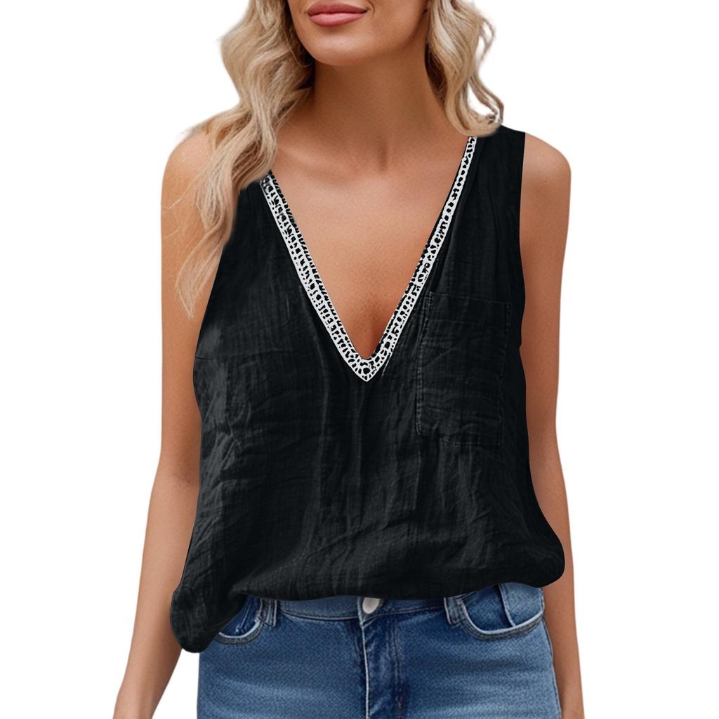 Women's Fashionable Sleeveless Cotton Linen Color V Neck Pocket Casual Loose Vest Top