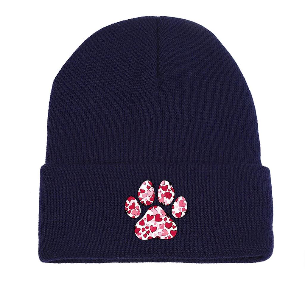 Dog Cat Paw Print Heart Knit Hat Beanie, Valentine's Day "XOXO LOVE KISS", Cozy Stylish Knitted Cap Beanie