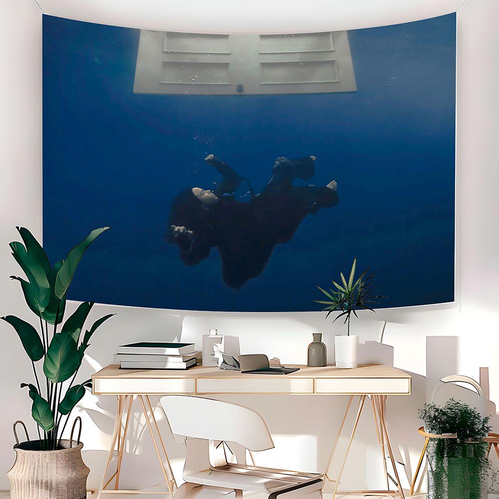 Underwater Floating Man Wall Tapestry Deep Blue Art Minimalist Decor Calm Vibes Surreal Scene Home Design Modern Aesthetic