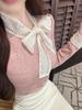 French Style Bow Lace Tie Long Sleeve Slimming Bodycon Top for Autumn and Winter