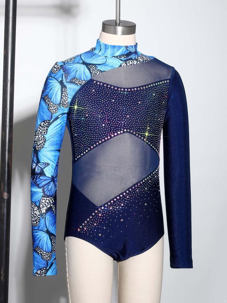 Kids Girls Performance Leotard: Long Sleeve Mock Neck with Mesh Patchwork & Butterfly Print Rhinestone Bodysuit Back Zipper