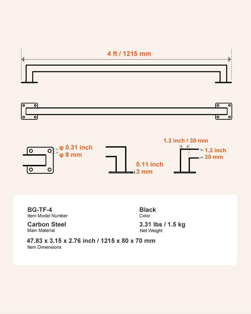 1215mm Wall Mounted Stair Handrail Black Iron 113kg Load Square Tube
