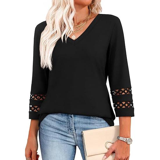 

2026 Spring/Summer New Solid Color V-Neck Lace Trim Three-Quarter Sleeve T-Shirt Top for Women S чёрный