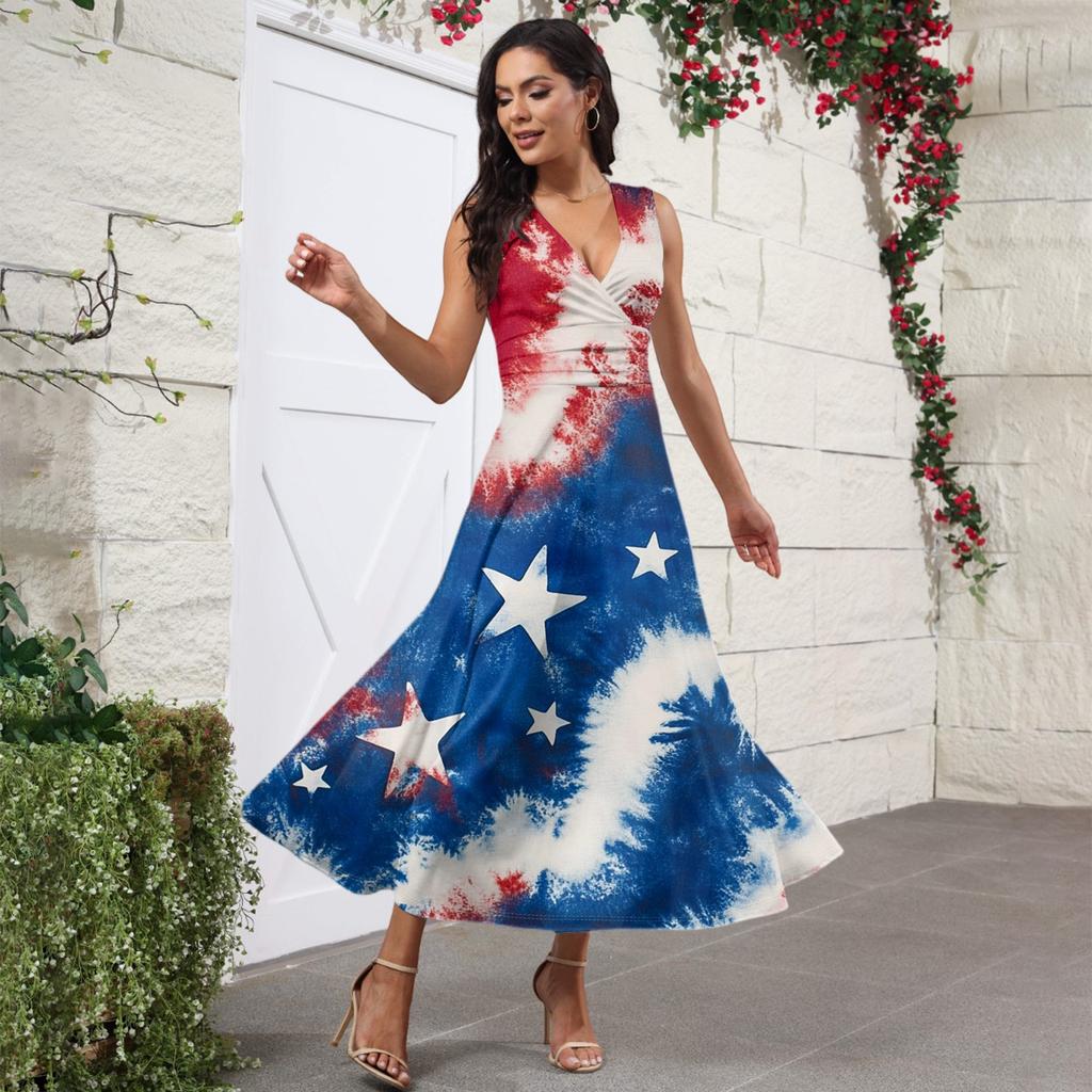 Women's Casual And Fashionable Independence Day Printed V-Neck Sleeveless Dress Dress