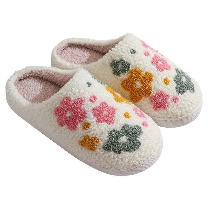 Women's Lovely Pretty Bow Flowers Slippers Men Cartoon Soft Warm Sandals Females Cute Plush  Flat Slides For Autumn Winter