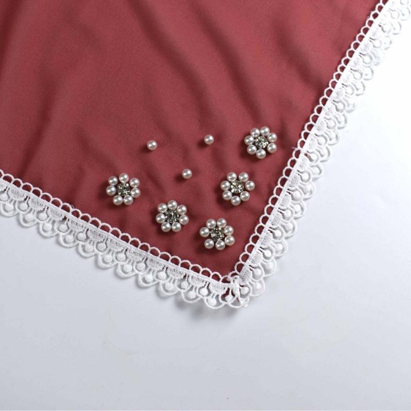 Monochrome Pearl Chiffon Square Scarf With Small Flower For Women