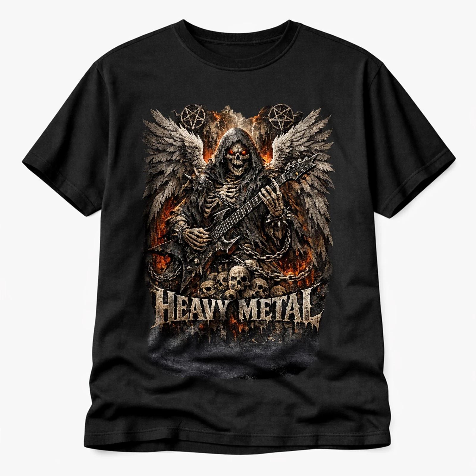 Heavy Metal Skeleton Guitar T Shirt Rock Skull Angel Wings Gothic Music Tee L