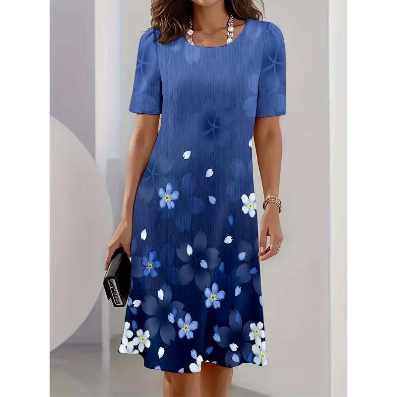 Summer Women Dress Casual Loose Short Sleeve O-Neck Print Mini Dress