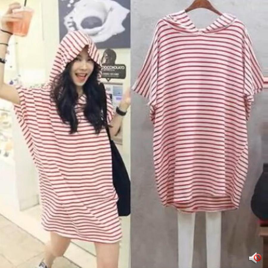 Beach Holiday Striped Loose Hoodie Short Sleeve Dress for Women - Plus Size Korean Style