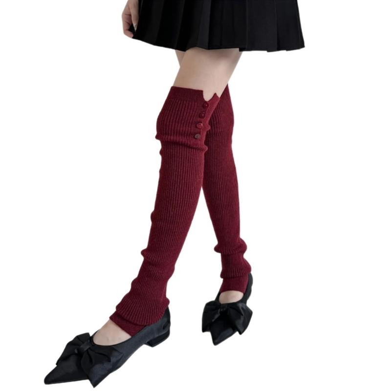 Japanese Ballet Styles Thigh High Leg Warmer Ribbed Knitted Split Buttons Over Knee Footless Socks for Fashionable Women
