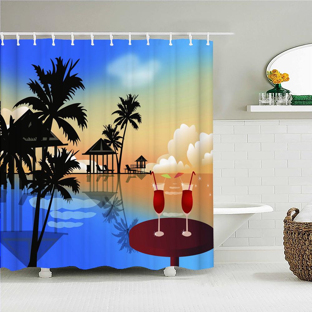 Strand Sonnenuntergang Palmen Landschaft 3D-Druck Duschvorhang Polyester Wasserdicht Heimdeko Vorhang Mit Haken Große Größe 300x180