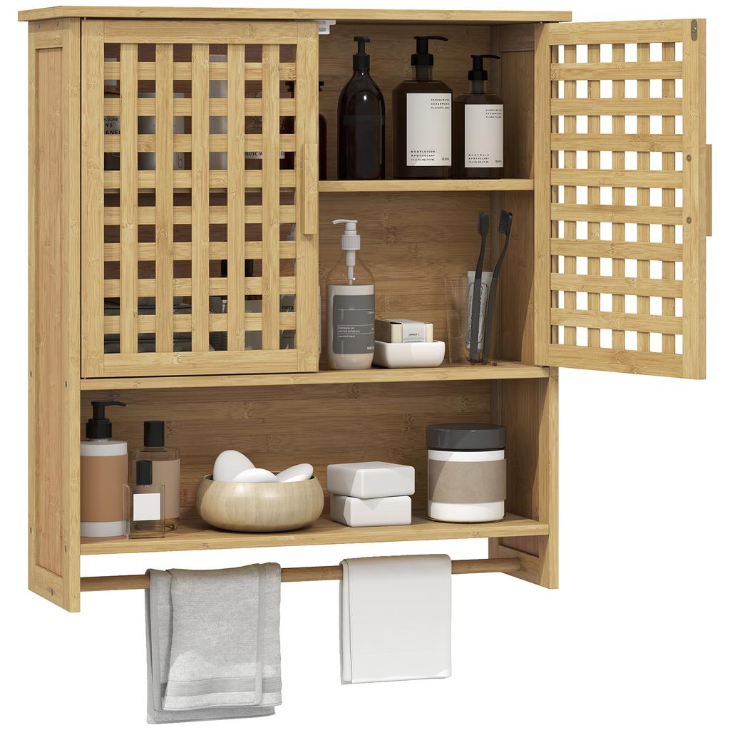 Bamboo Bathroom Wall Cabinet, 2 Slatted Doors, Open Compartment, Adjustable Shelf, Natural Wood