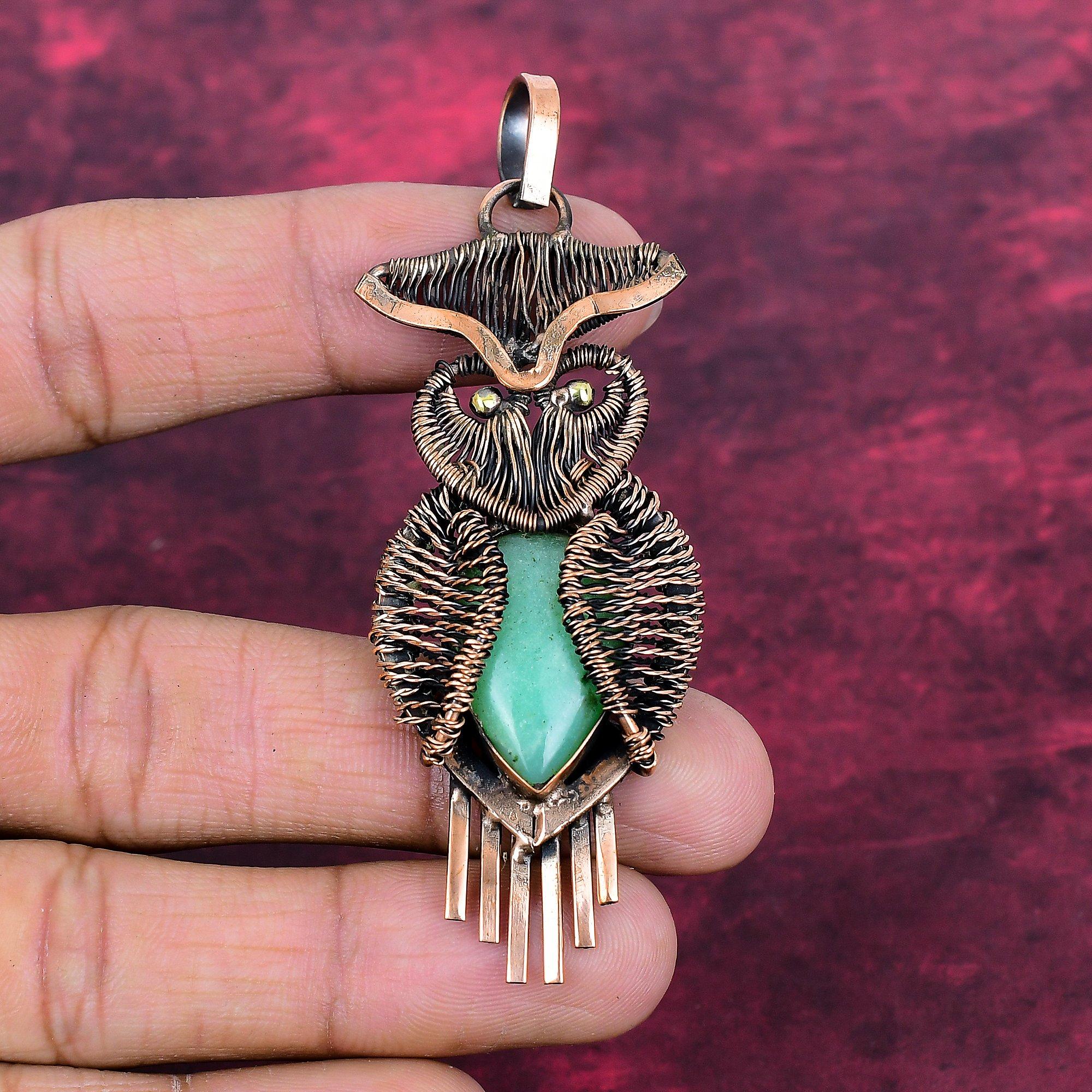 Chrysoprase Pendant Owl Gemstone Pendant Copper Wire Wrapped Handmade Jewelry