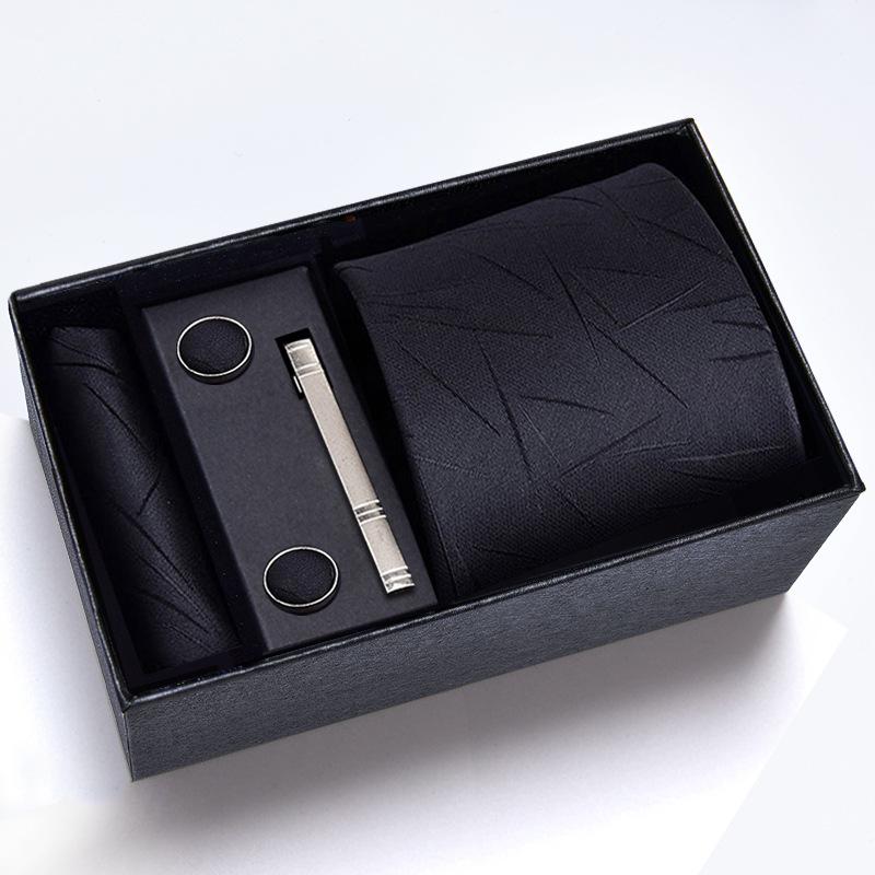 Men's Formal Tie Gift Box: Five-Piece Set with Logo, 8cm Striped Black for Weddings and Business 