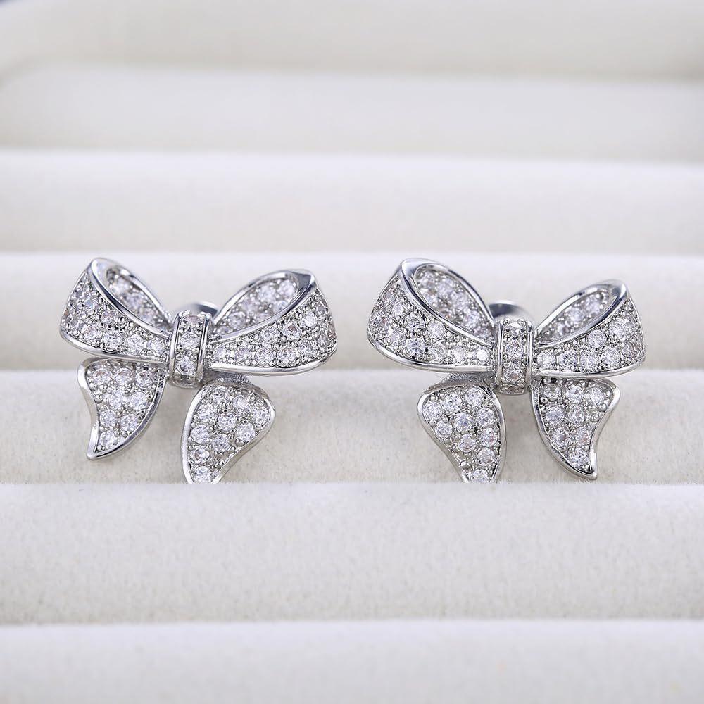 Full Rhinestone Stud Earrings, Luxury Heavy Craft Bow Earrings, Cute Versatile Ear Jewelry For Women