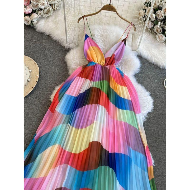 Color Print Open Back Retro Big Swing Mop Suspender Skirt
