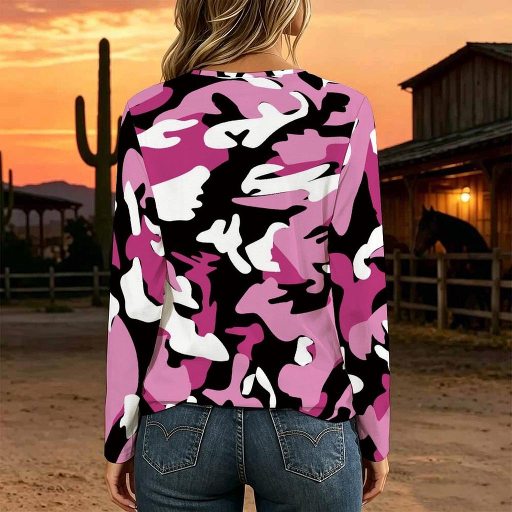 Women Plus Size White Base Blue Leopard Print Lace Up V Neck Long Sleeve Casual Blouse