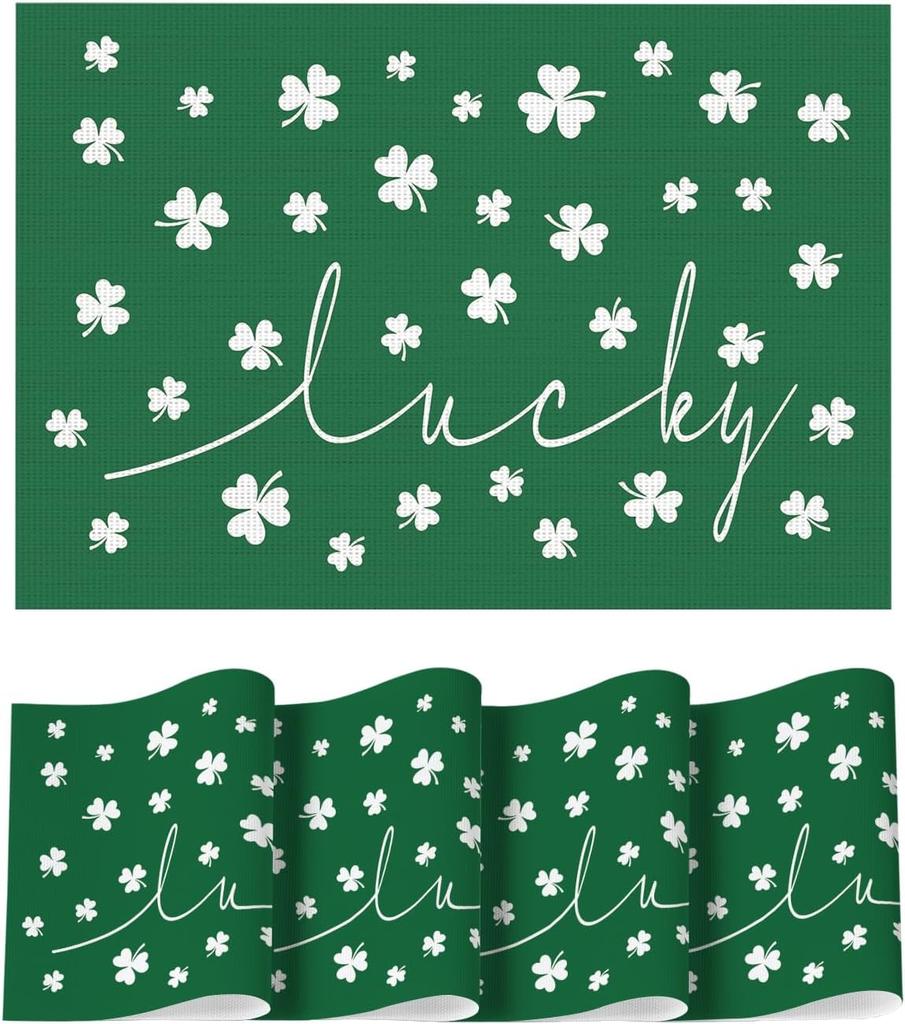 Lucky Shamrock Vinyl St. Patrick's Day Placemats Set of 4, 12x18 Inch Wipeable Non-Slip Spring PVC Place Mats for Party Kitchen Dining Decor