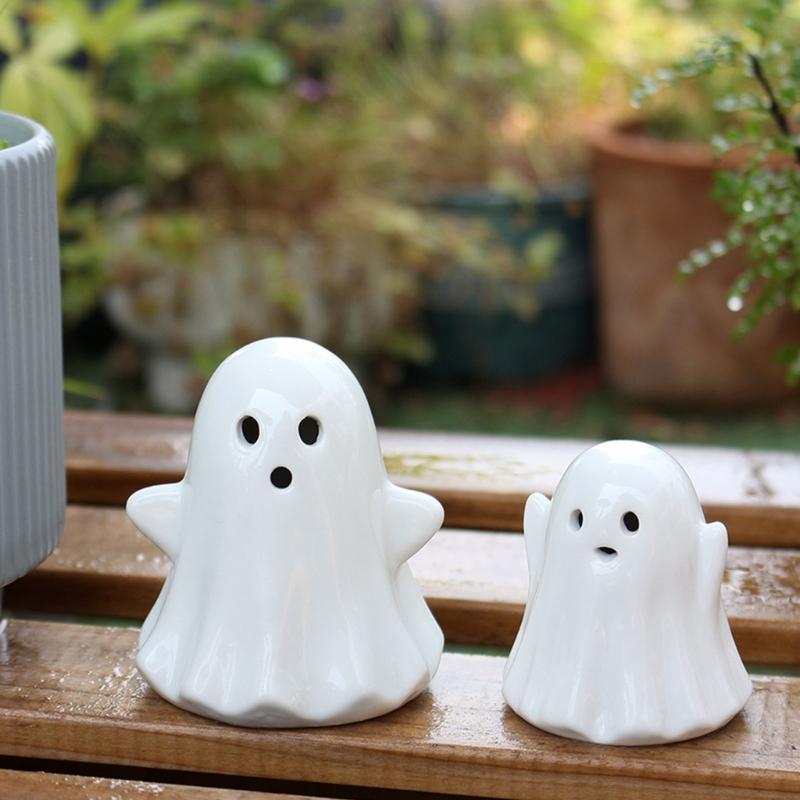 2Pcs Halloween Ceramic Ghostly Figurines With Soft Glows Night Light Handcrafted Holiday Decoration for Bedroom Party Decoration Collectibles