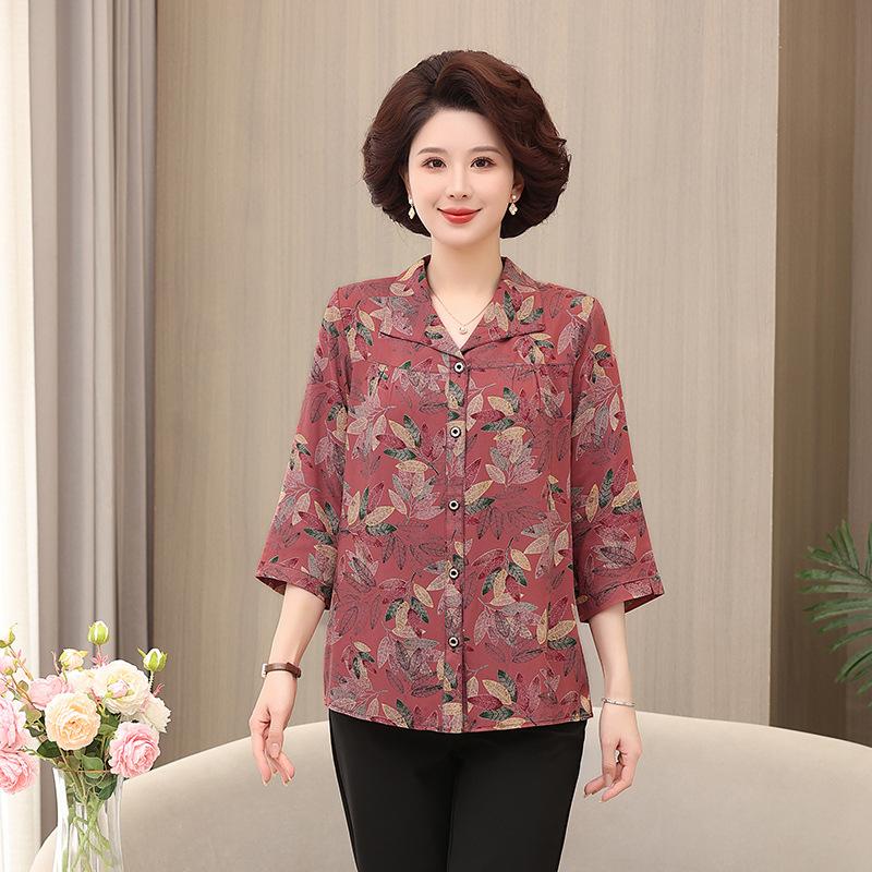Middle-aged and Elderly Long-sleeved Shirt Women's Style Grandma's Cotton Silk Shirt Plus Size Fat Mother's Spring and Summer Loose Top