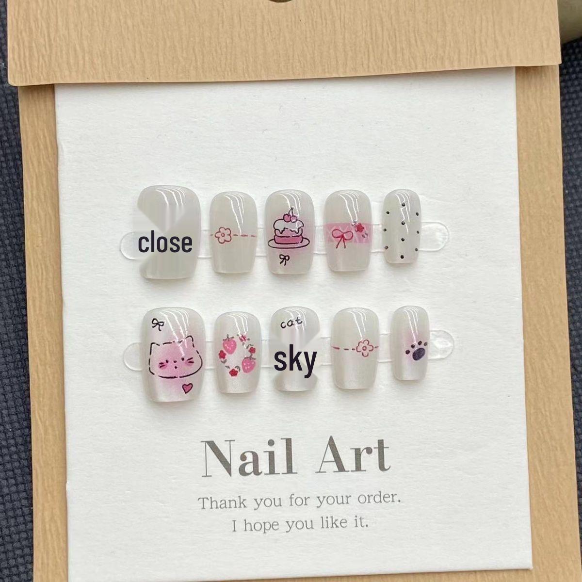

Strawberry Cake Cat Eye Nails - Sweet Mori Style Bow Nail Patches, Pre-Made and Sized Nail Stickers, Finished Product. XS Extra Small (includes 5-piece tool kit)
